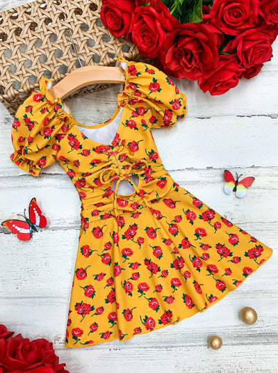 One Piece Girls Swimsuit | Puff Sleeve Rose Print Dress Swimsuit