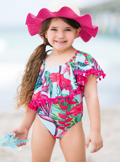 Kids Swimsuits | Girls Tropical Print One Shoulder One Piece Swimsuit 