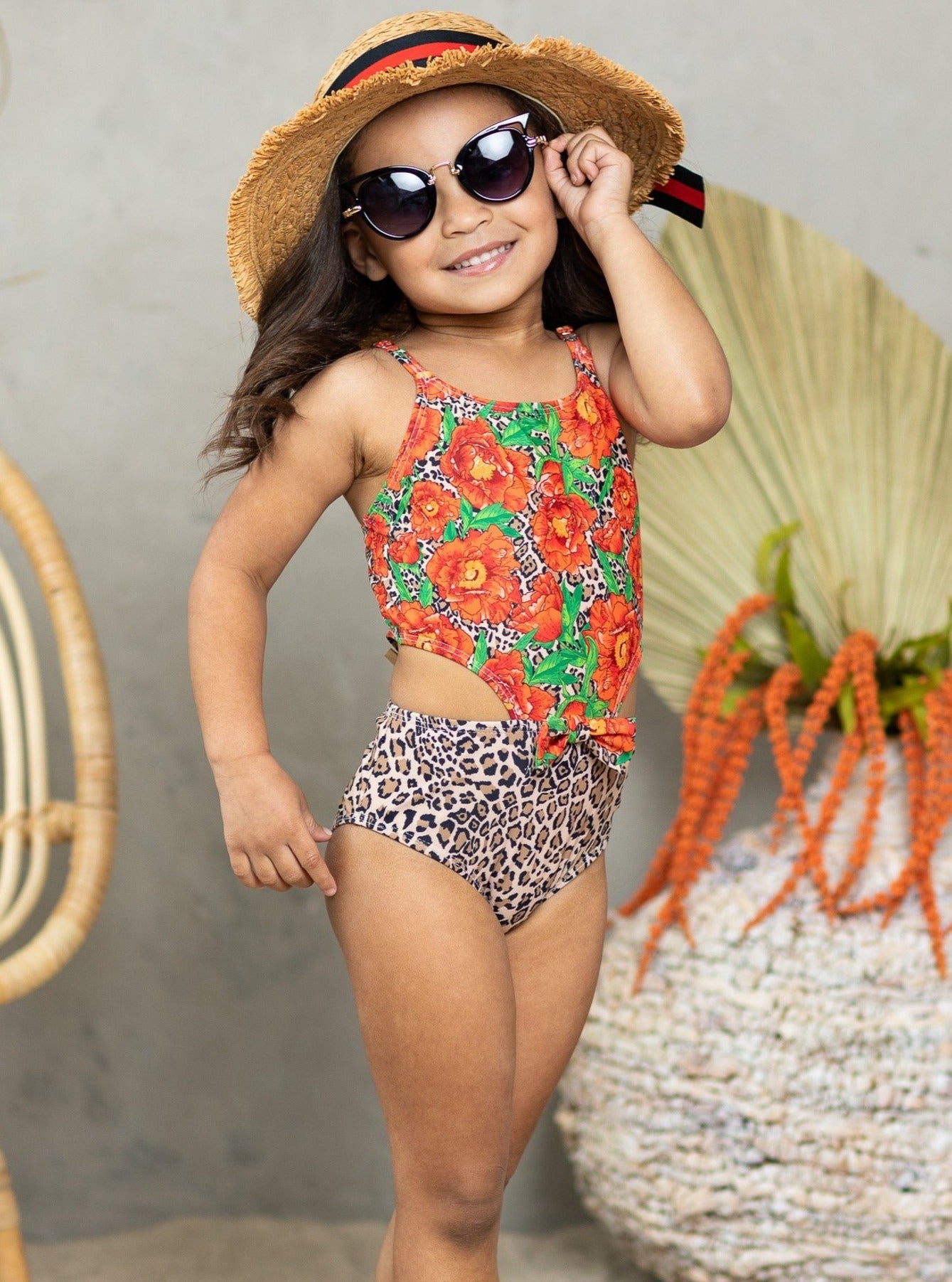 girls one piece swimsuit floral leopard orange 2T-10Y