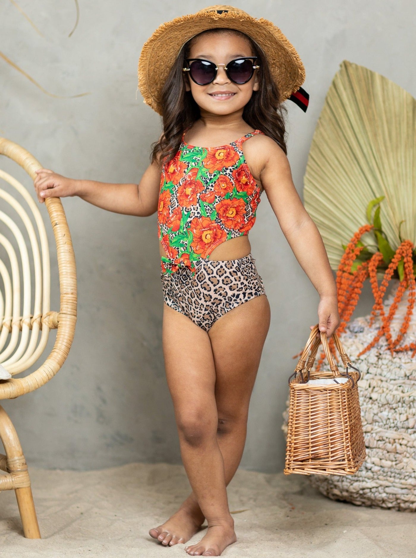 girls one piece swimsuit floral leopard orange 2T-10Y