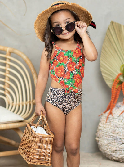 girls one piece swimsuit floral leopard orange 2T-10Y