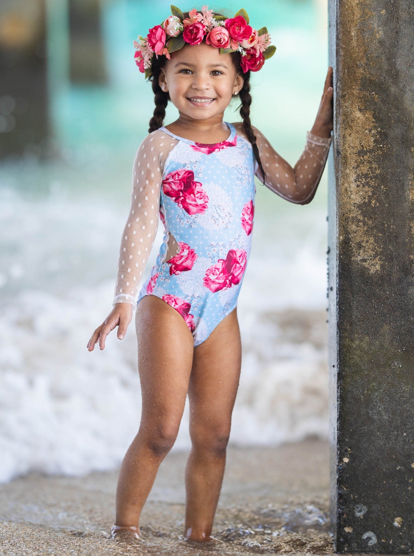 Toddler Rash Guard Swimsuit | Girls Rose Print One Piece Swimsuit