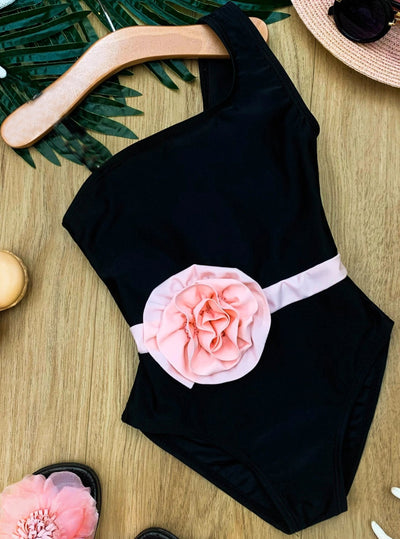 Kids Swimsuits | Girls One Shoulder Flower Belt One Piece Swimsuit