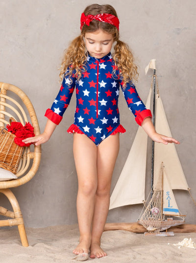Girls Rash Guard Swimwear | Star Print 4th Of July One Piece Swimsuit 