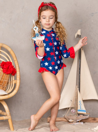 Girls Rash Guard Swimwear | Star Print 4th Of July One Piece Swimsuit 