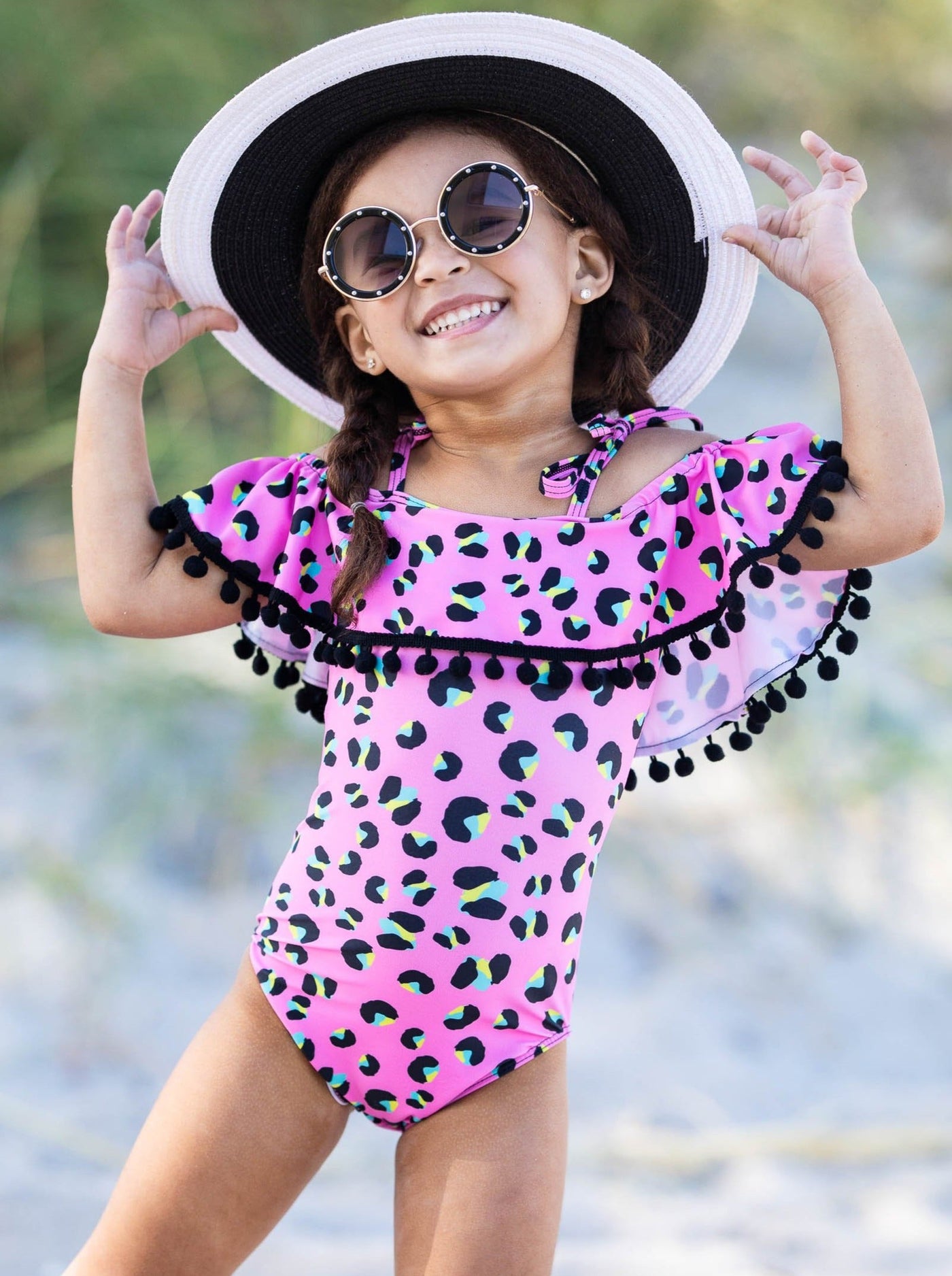 Kids Swimsuits | Little Girls Leopard Tassel Bib One Piece Swimsuit