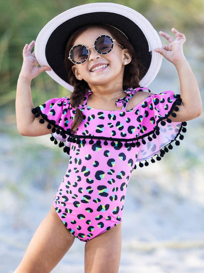 Kids Swimsuits | Little Girls Leopard Tassel Bib One Piece Swimsuit
