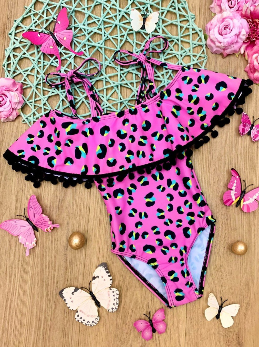 Kids Swimsuits | Little Girls Leopard Tassel Bib One Piece Swimsuit
