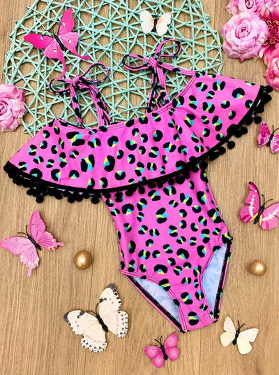 Kids Swimsuits | Little Girls Leopard Tassel Bib One Piece Swimsuit