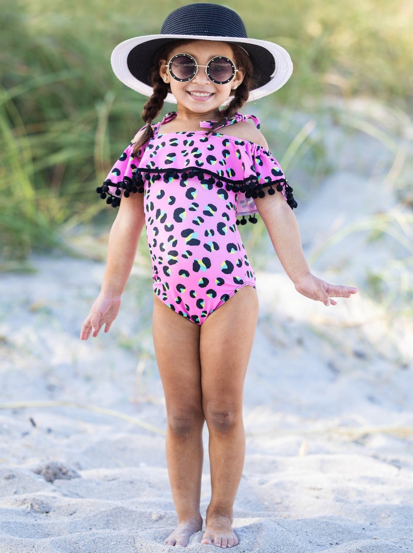Kids Swimsuits | Little Girls Leopard Tassel Bib One Piece Swimsuit