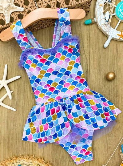 girls Skirted Mermaid One Piece Swimsuit 4T-10Y