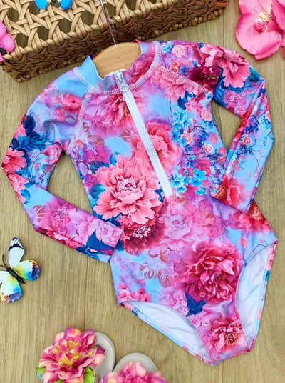 Kids Swimsuits | Girls Flower Zipper Rash Guard One Piece Swimsuit
