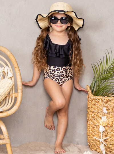 One Piece Girls Swimsuit | Ruffle Shoulder Leopard Colorblock Swimsuit