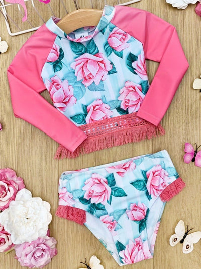 Kids Swimsuits | Little Girl Rose Print Rash Guard Two Piece Swimsuit