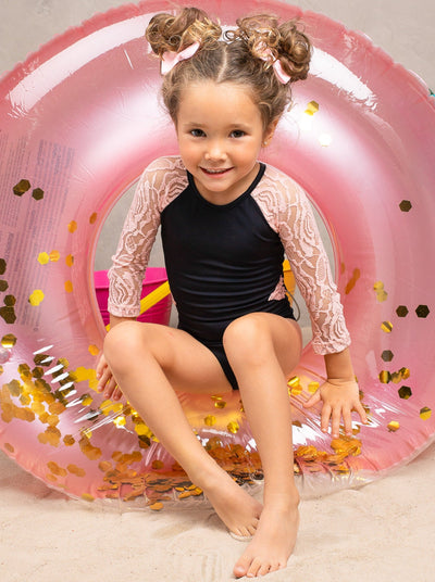 Girls Lace Insert Rash Guard One Piece Swimsuit - Girls One Piece Swimsuit