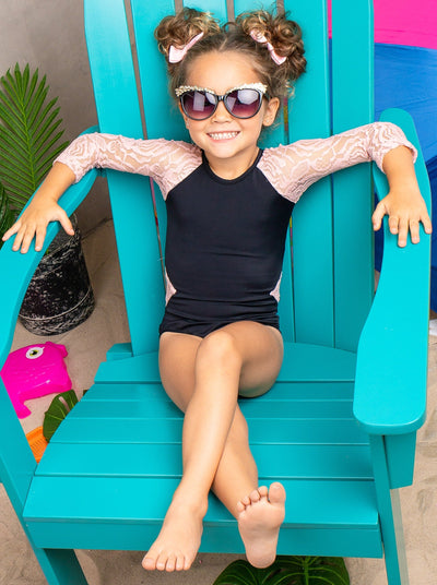 Girls Lace Insert Rash Guard One Piece Swimsuit - Girls One Piece Swimsuit