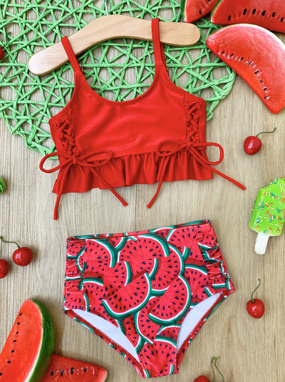 Little Girls Swimwear | Girls Red Watermelon Print Two Piece Swimsuit