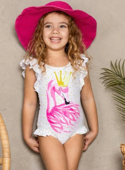 Kids Resort Wear | Girls Flutter Sleeve Flamingo One Piece Swimsuit