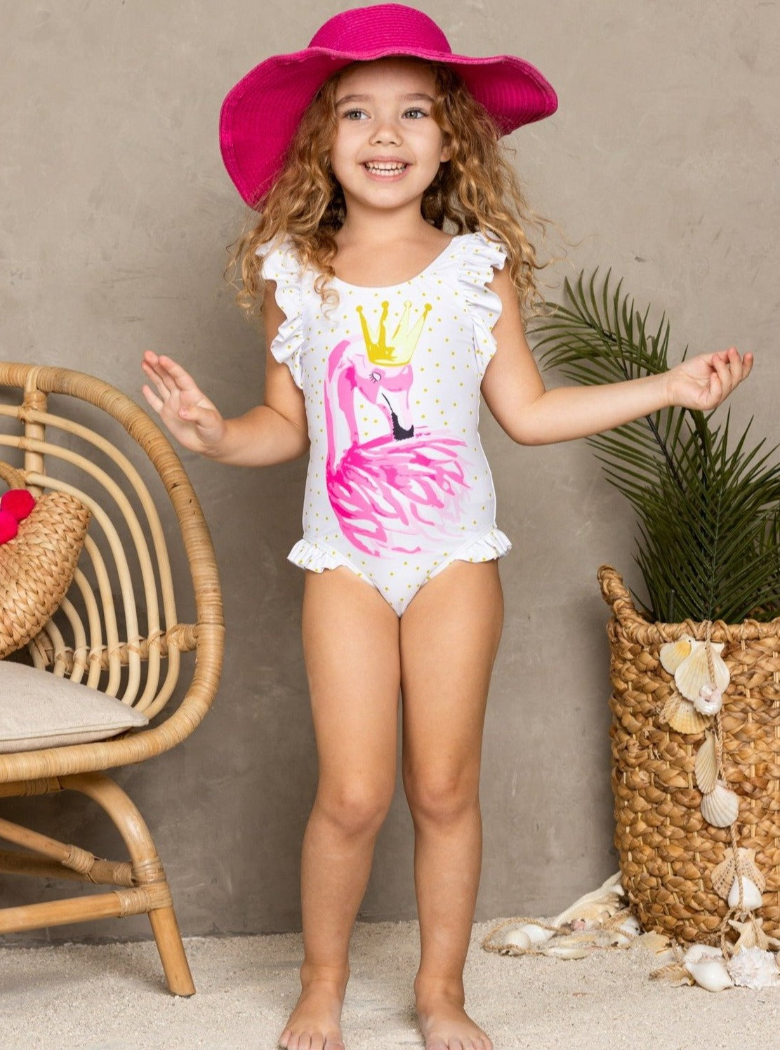 Kids Resort Wear | Girls Flutter Sleeve Flamingo One Piece Swimsuit