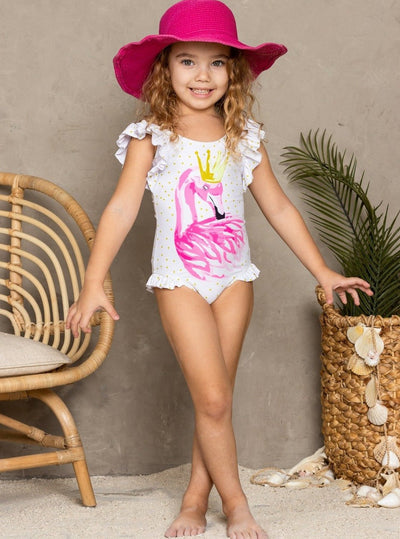 Kids Resort Wear | Girls Flutter Sleeve Flamingo One Piece Swimsuit