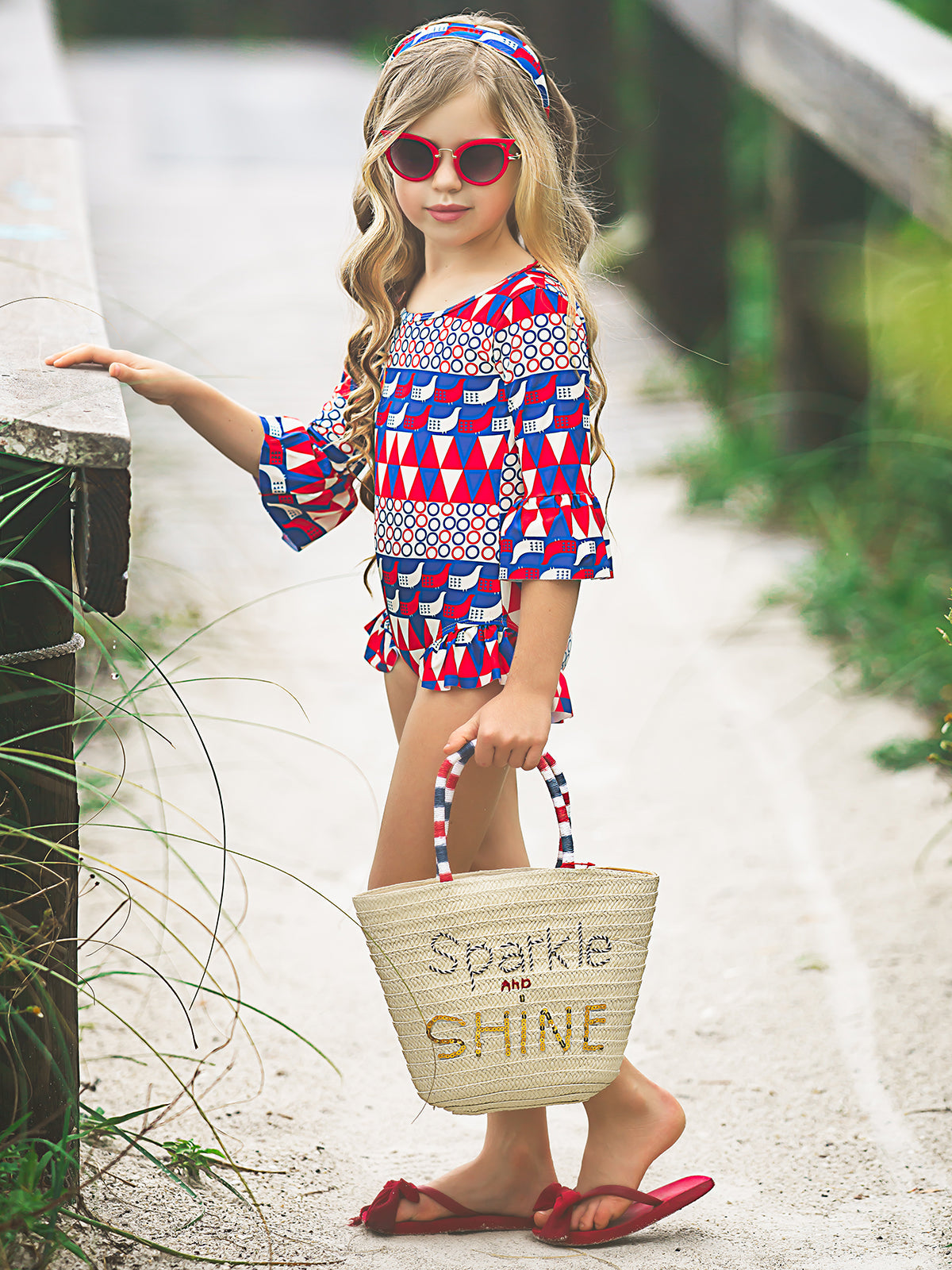 Kids Swimwear | Girls Rash Guard One Piece Swimsuit & Headband Set