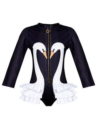 Kids Cute Swimsuits | Little Girls Swan Ruffled Rash Guard Swimsuit