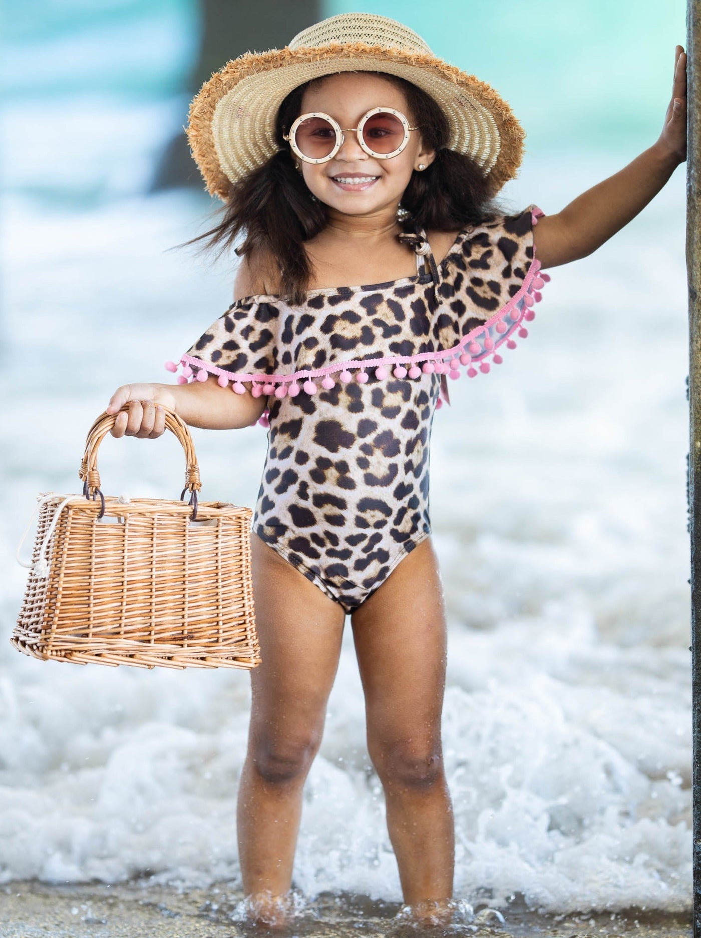 Girls Off the Shoulder Pom Pom Ruffle One Piece Swimsuit - Brown / 2T/3T - Girls One Piece Swimsuit
