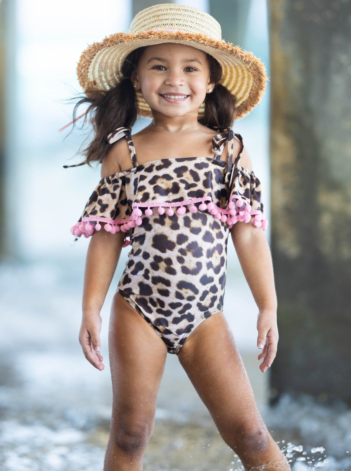 Girls Off the Shoulder Pom Pom Ruffle One Piece Swimsuit - Brown / 2T/3T - Girls One Piece Swimsuit