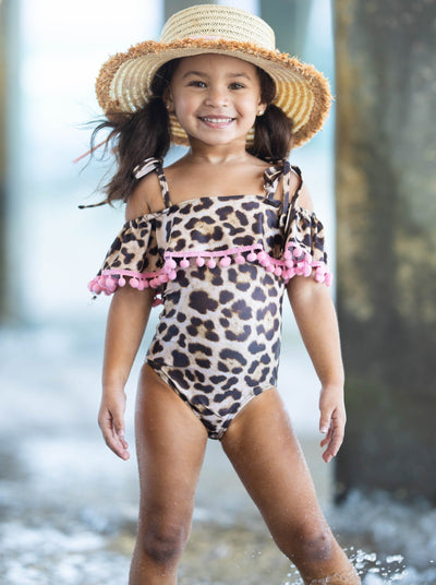 Girls Off the Shoulder Pom Pom Ruffle One Piece Swimsuit - Brown / 2T/3T - Girls One Piece Swimsuit
