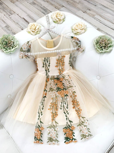 Girls Spring Mesh Floral Embroidered Tulle Dress