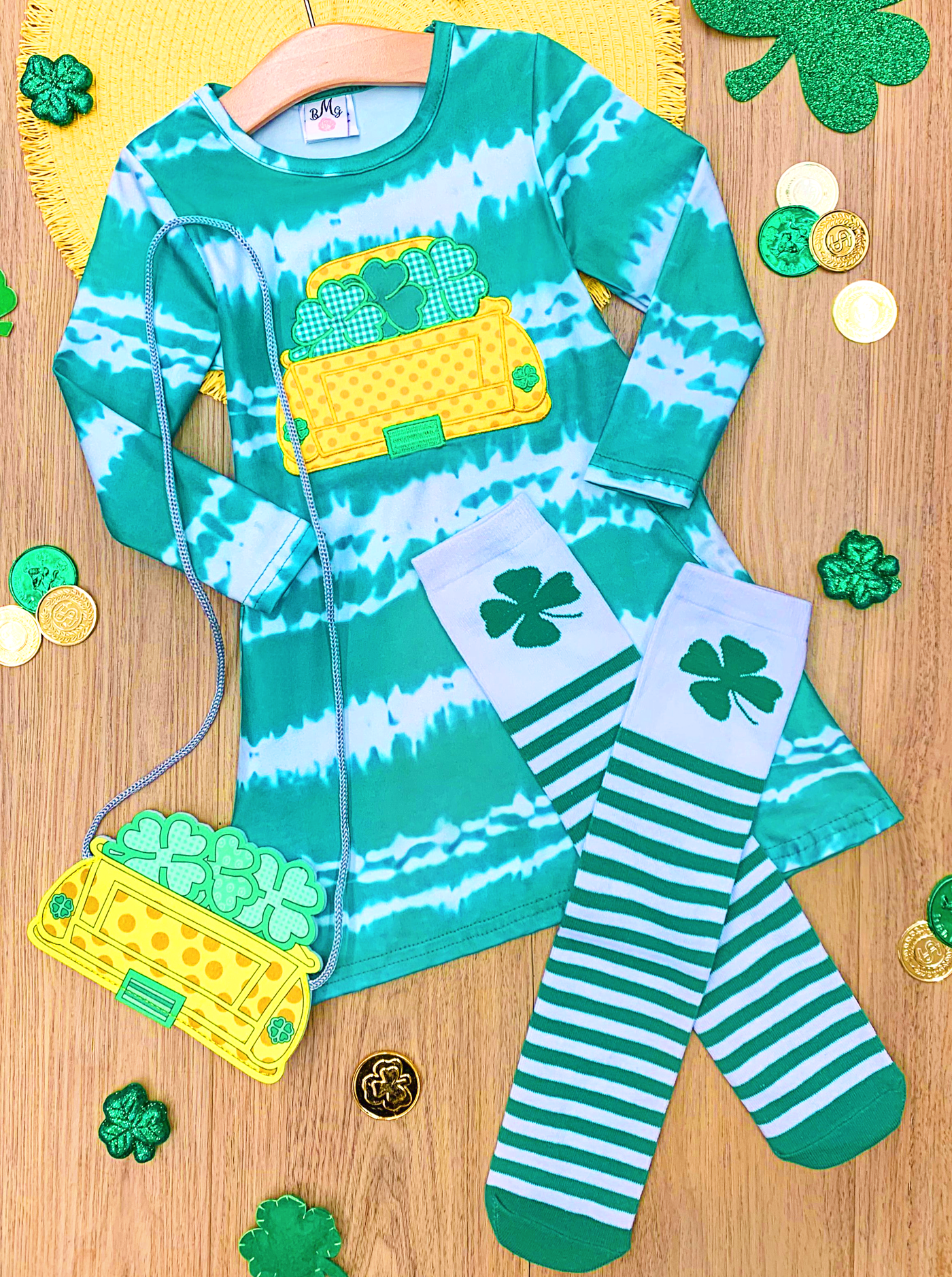 St. Patrick's Day Clothes | Tie-Dye Dress, Knee Socks & Purse Set
