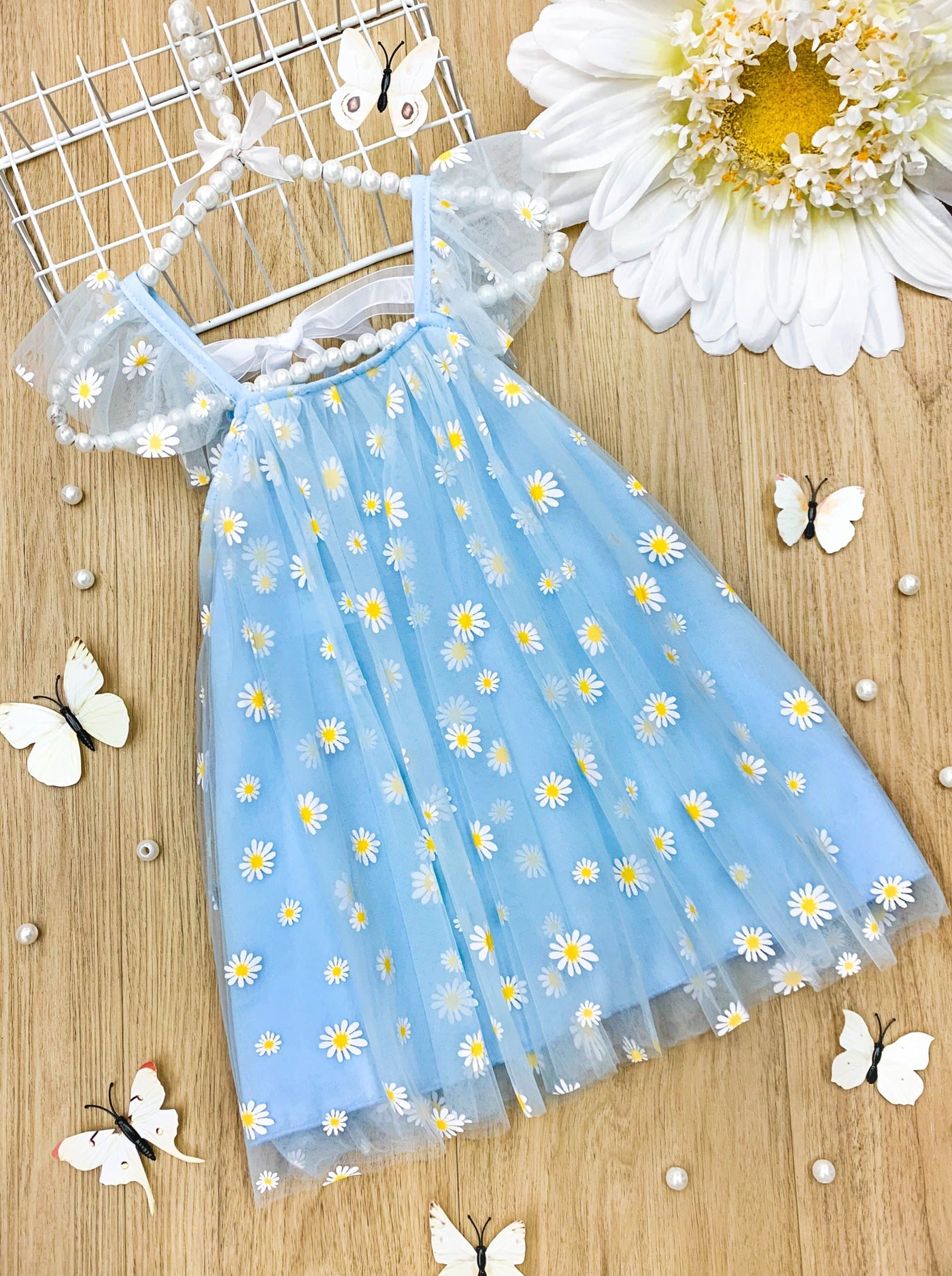 Toddler Spring Dresses | Little Girls Blue Daisy Tulle Overlay Dress
