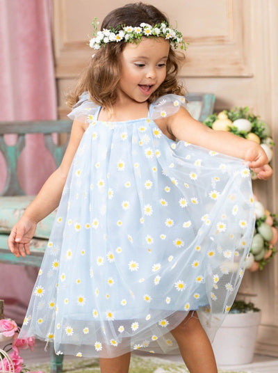 Toddler Spring Dresses | Little Girls Blue Daisy Tulle Overlay Dress