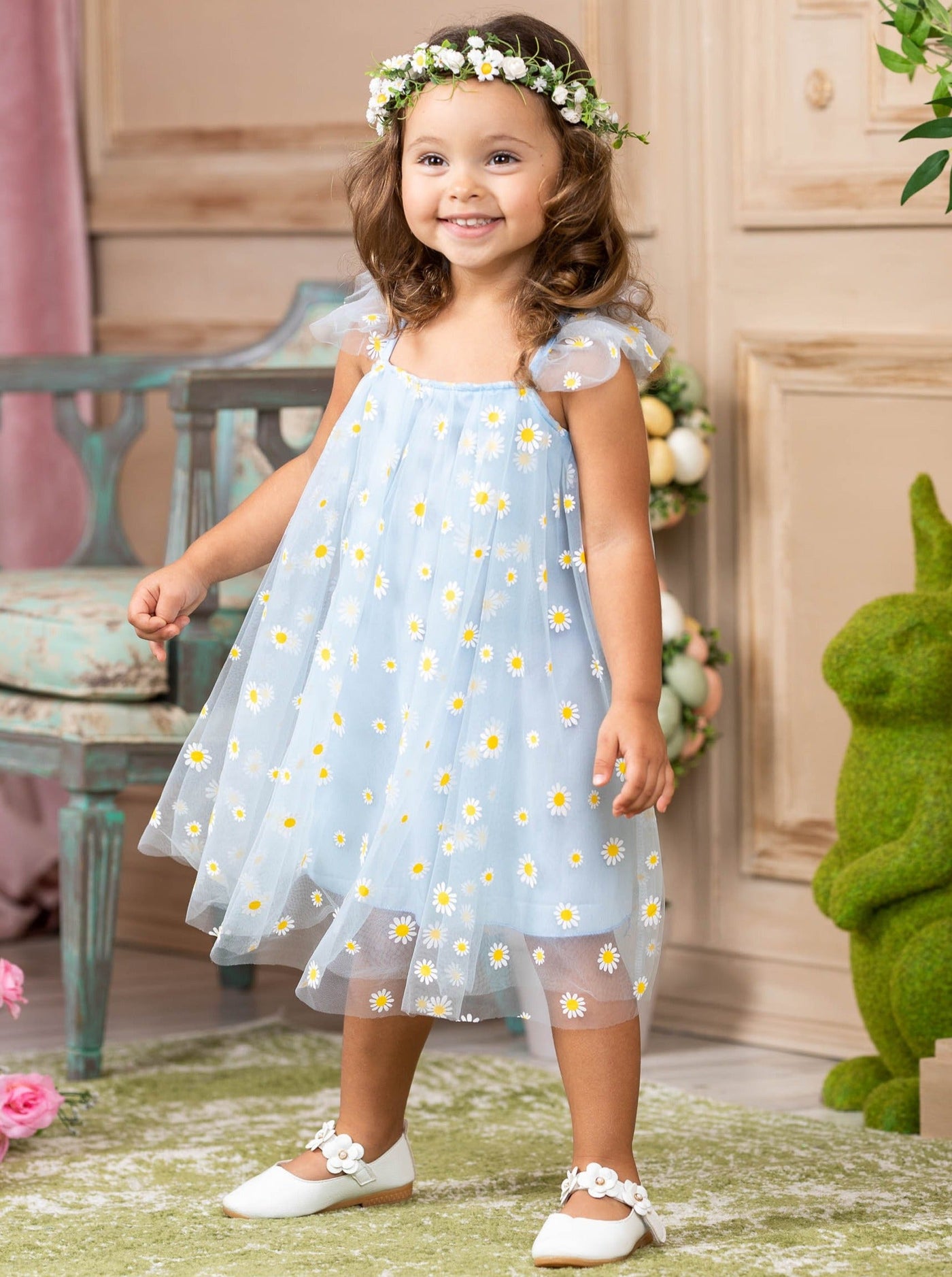 Toddler Spring Dresses | Little Girls Blue Daisy Tulle Overlay Dress