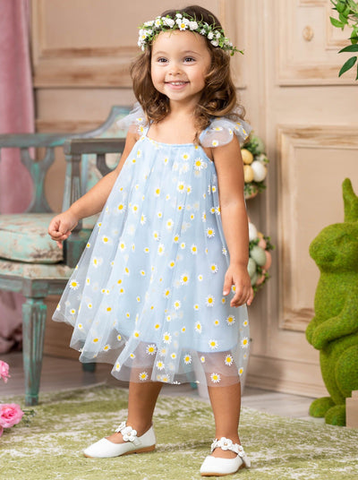 Toddler Spring Dresses | Little Girls Blue Daisy Tulle Overlay Dress