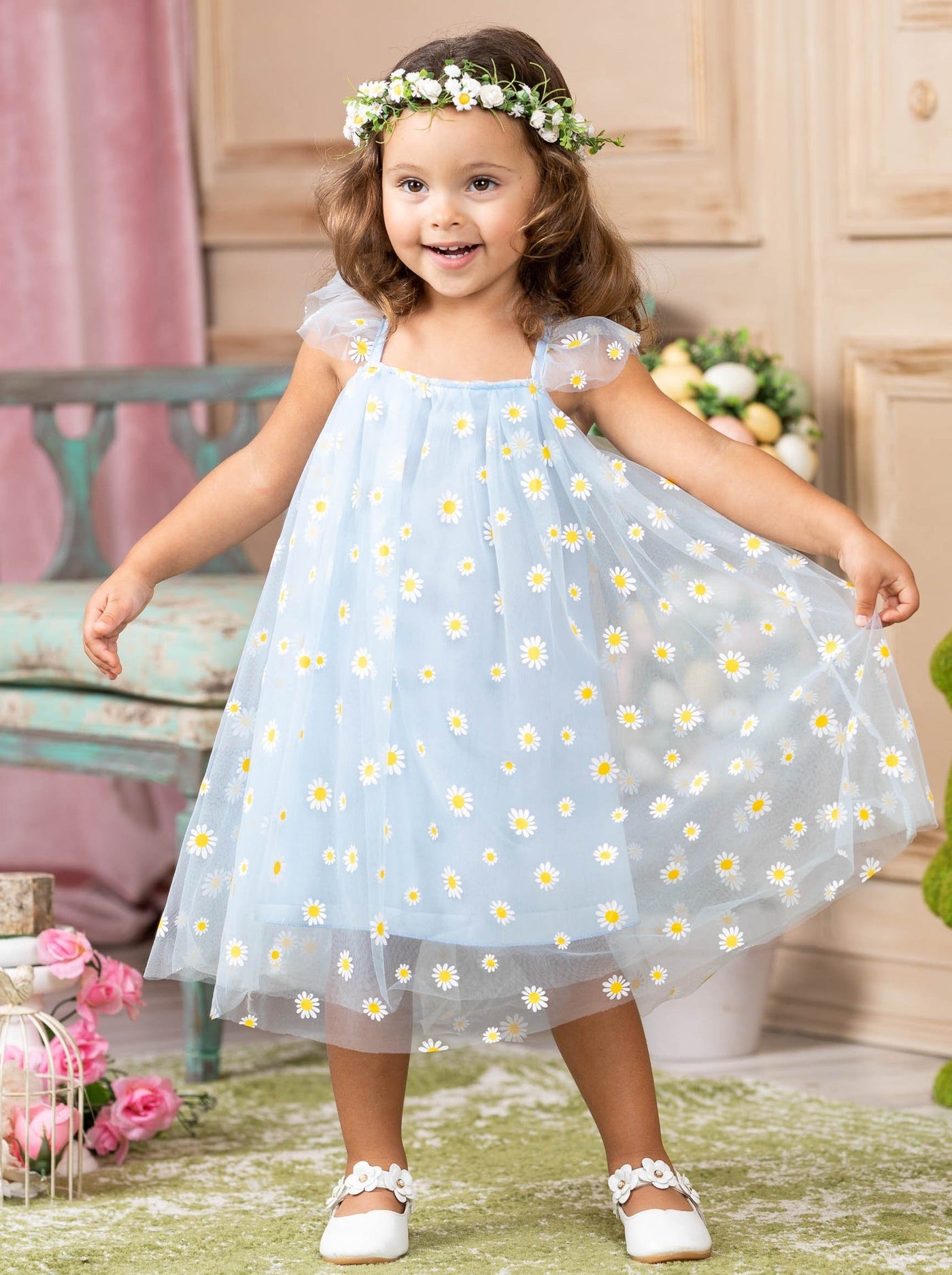 Toddler Spring Dresses | Little Girls Blue Daisy Tulle Overlay Dress