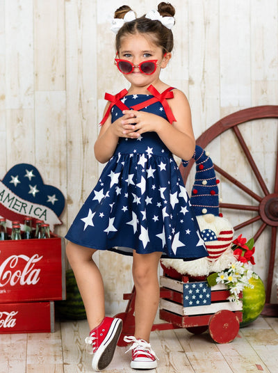 Girls 4th of July Dresses | Star Print Red Bow Accent Pleated Sundress