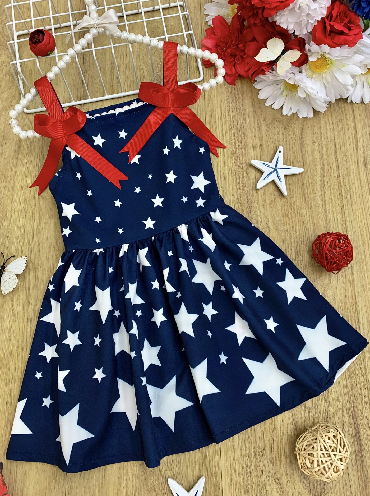 Girls 4th of July Dresses | Star Print Red Bow Accent Pleated Sundress