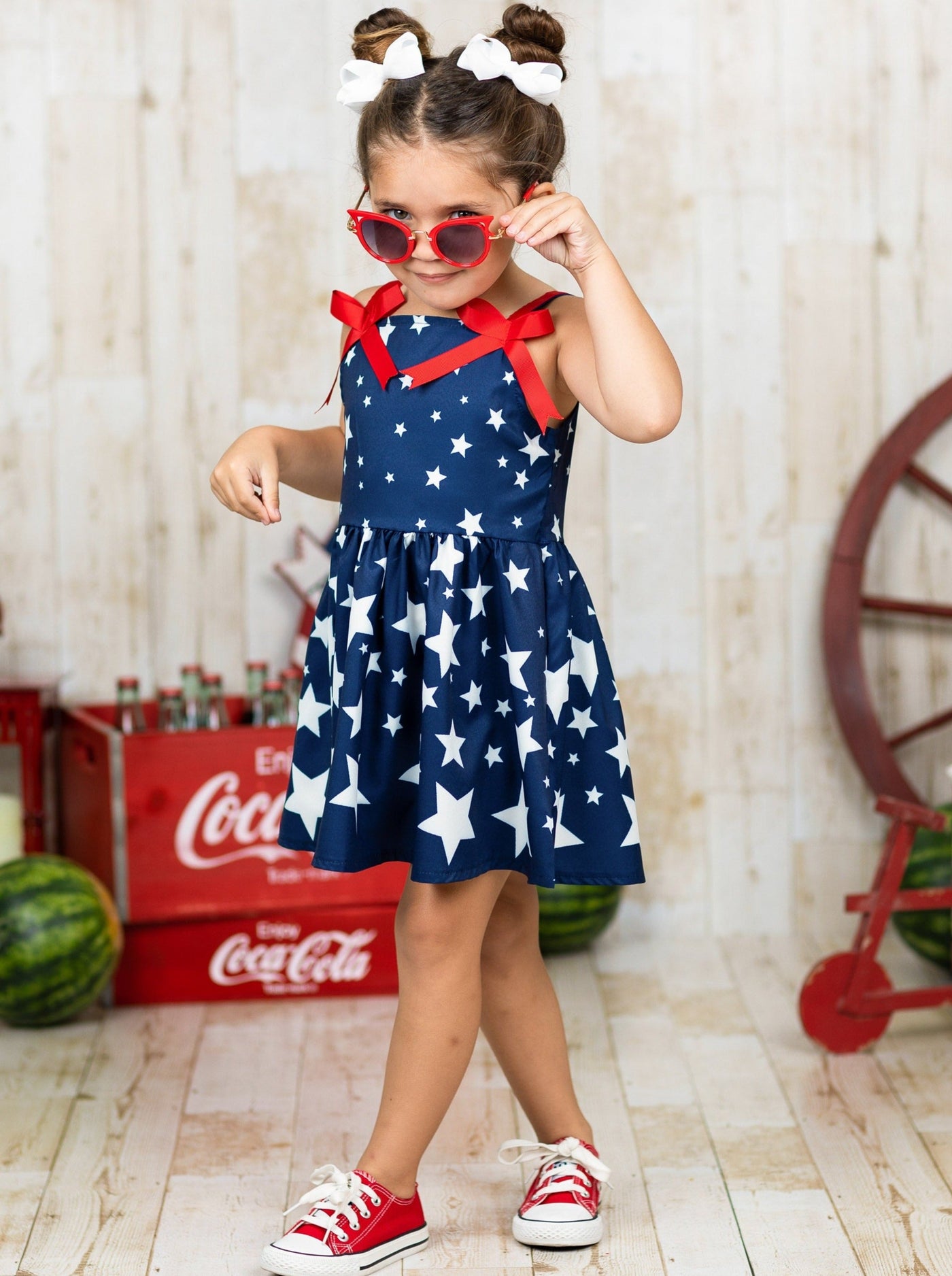 Girls 4th of July Dresses | Star Print Red Bow Accent Pleated Sundress