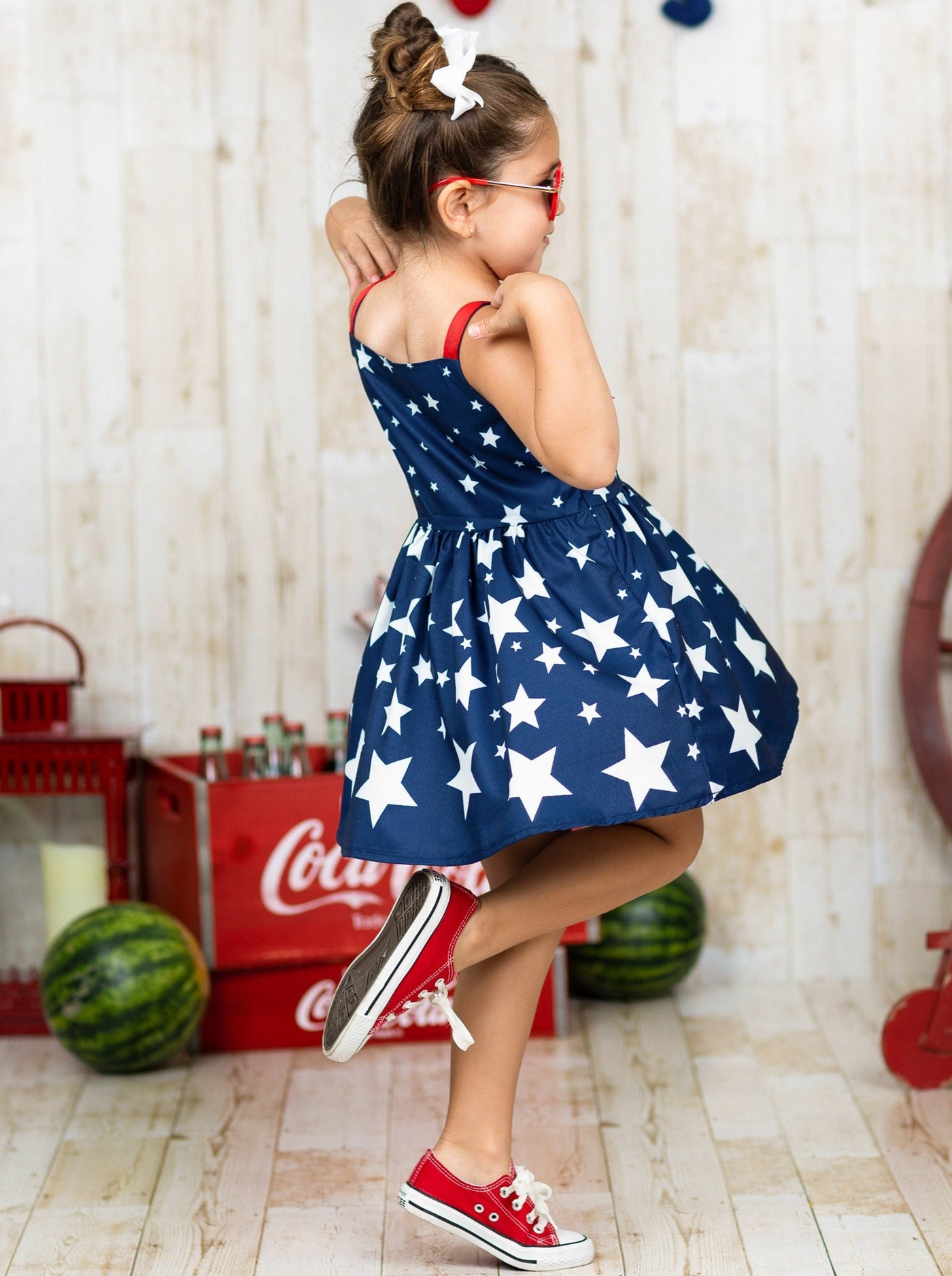 Girls 4th of July Dresses | Star Print Red Bow Accent Pleated Sundress