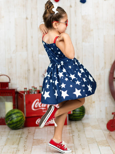 Girls 4th of July Dresses | Star Print Red Bow Accent Pleated Sundress