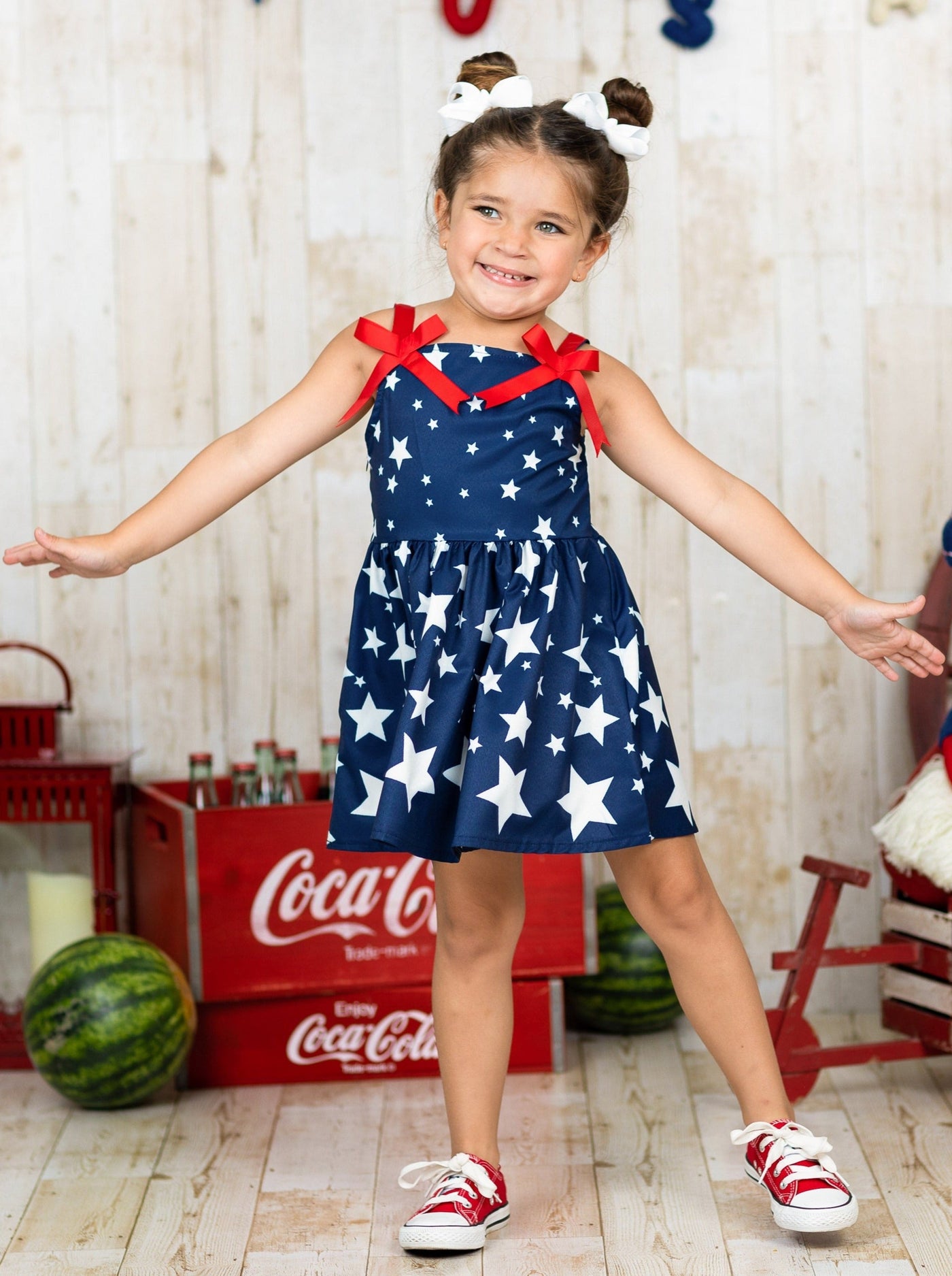Girls 4th of July Dresses | Star Print Red Bow Accent Pleated Sundress