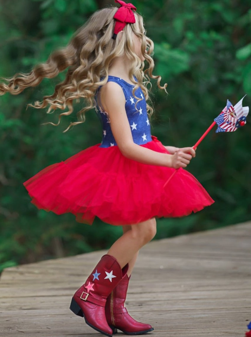 Girls 4th of July Outfit | Star Print Bodice Red Tulle Tutu Dress