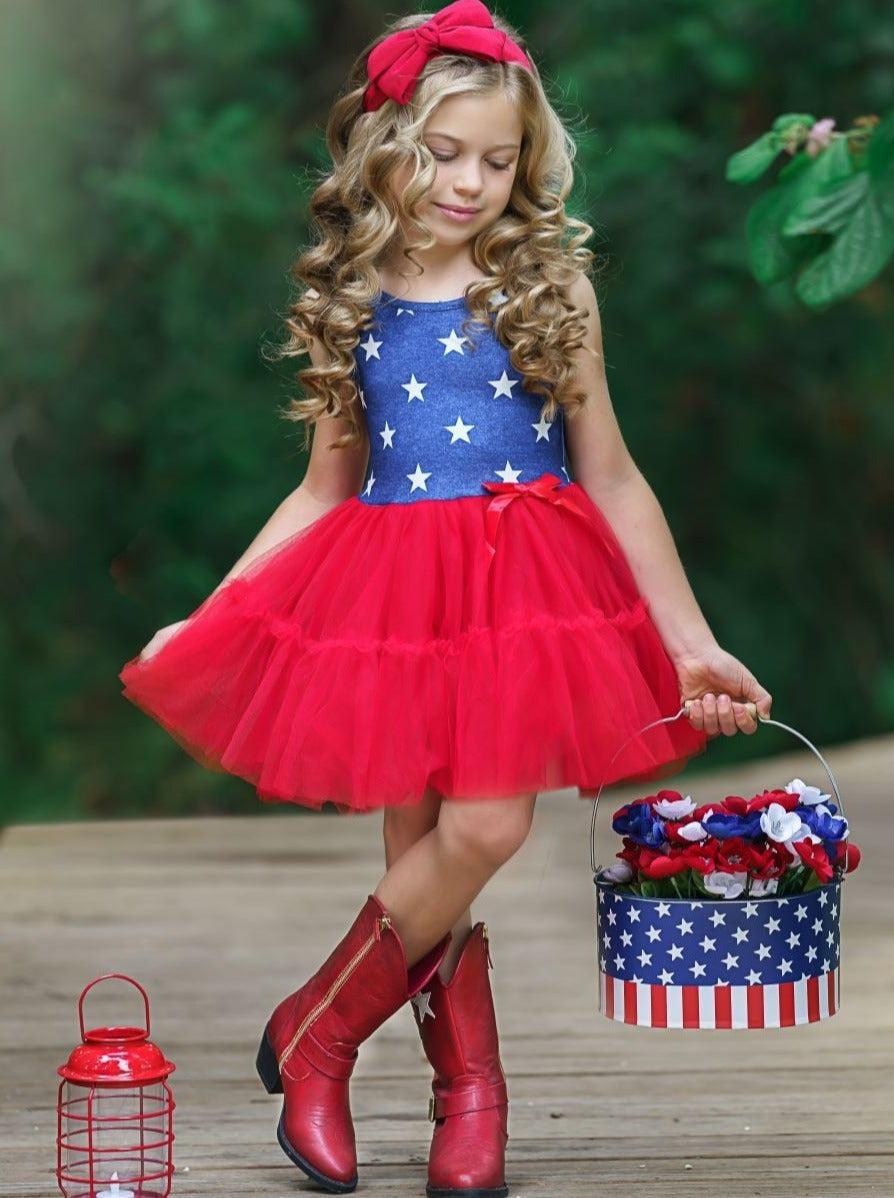 Girls 4th of July Outfit | Star Print Bodice Red Tulle Tutu Dress