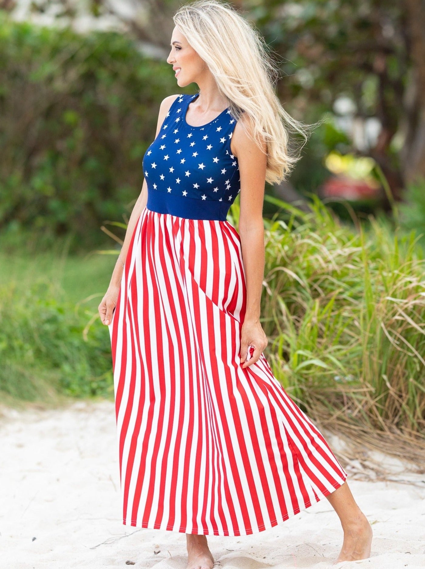 Mommy & Me 4th Of July Dresses | Sleeveless US Flag Maxi Sundress