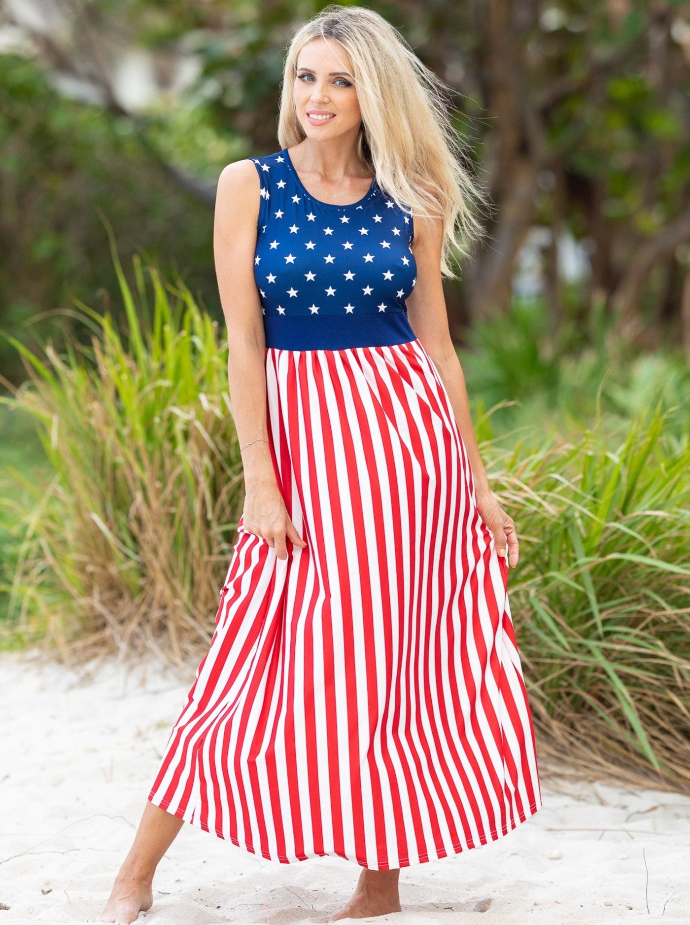 Mommy & Me 4th Of July Dresses | Sleeveless US Flag Maxi Sundress