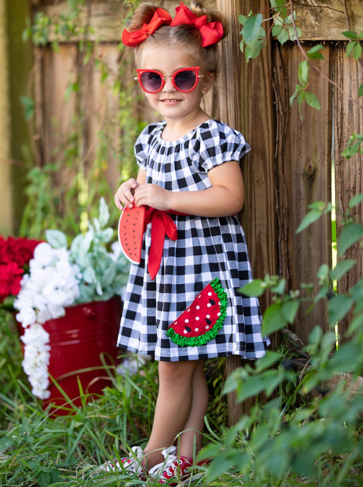 Toddler Spring Dresses | Puff Sleeves Plaid Watermelon Applique Dress