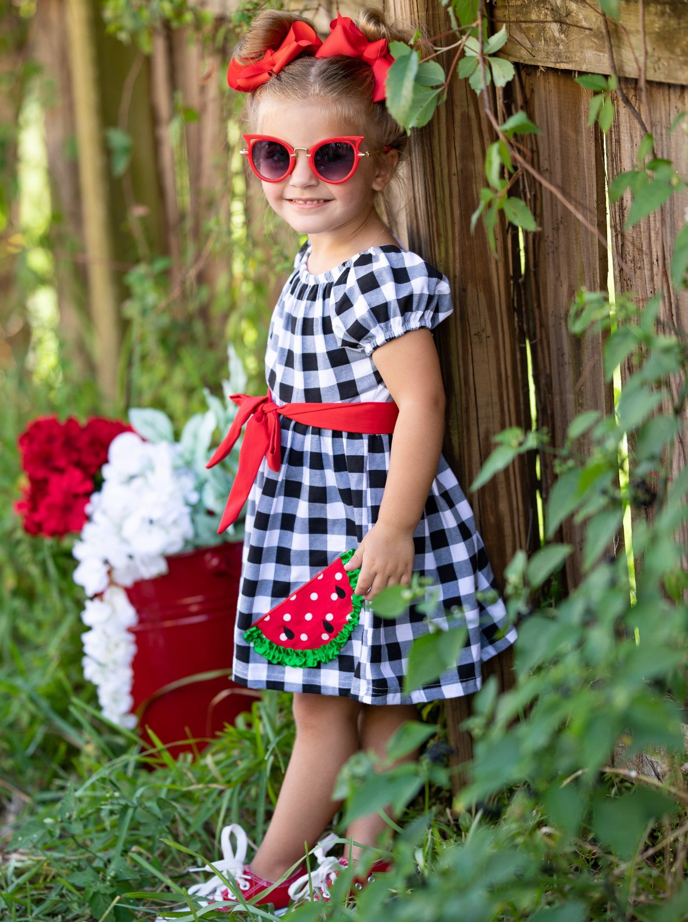Toddler Spring Dresses | Puff Sleeves Plaid Watermelon Applique Dress