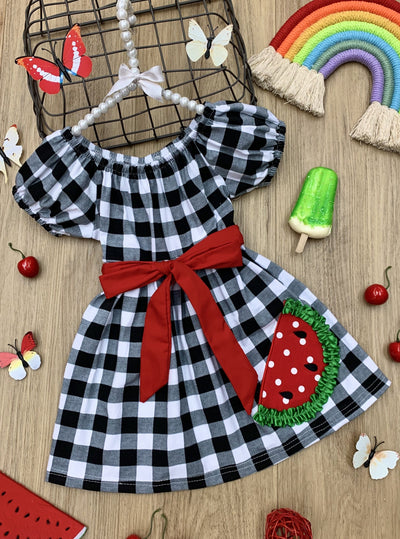 Toddler Spring Dresses | Puff Sleeves Plaid Watermelon Applique Dress