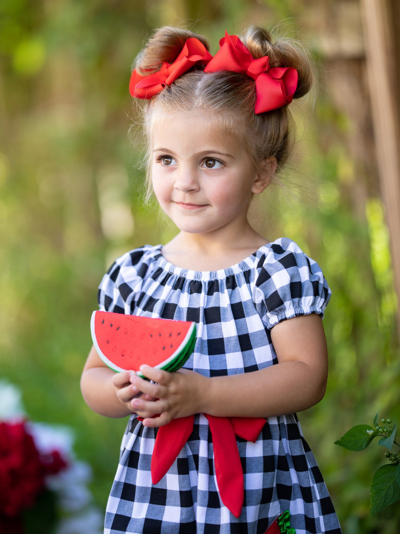 Toddler Spring Dresses | Puff Sleeves Plaid Watermelon Applique Dress